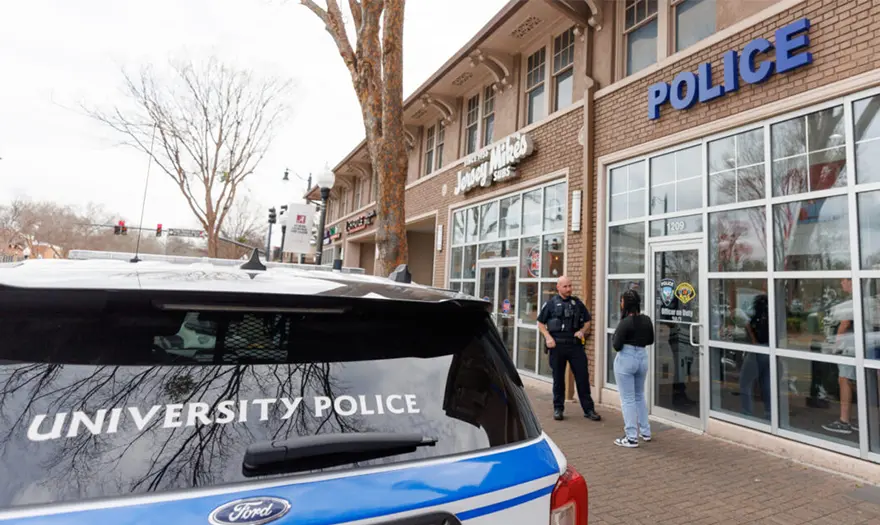 University Police vehicle parked outside Police station on the strip